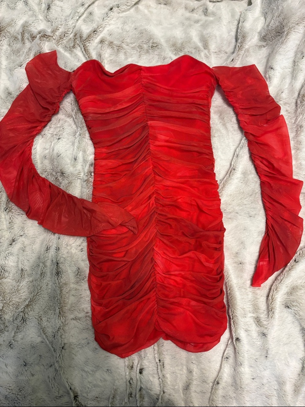 Zara Red Ruched Off-Shoulder Mesh Mini Dress
